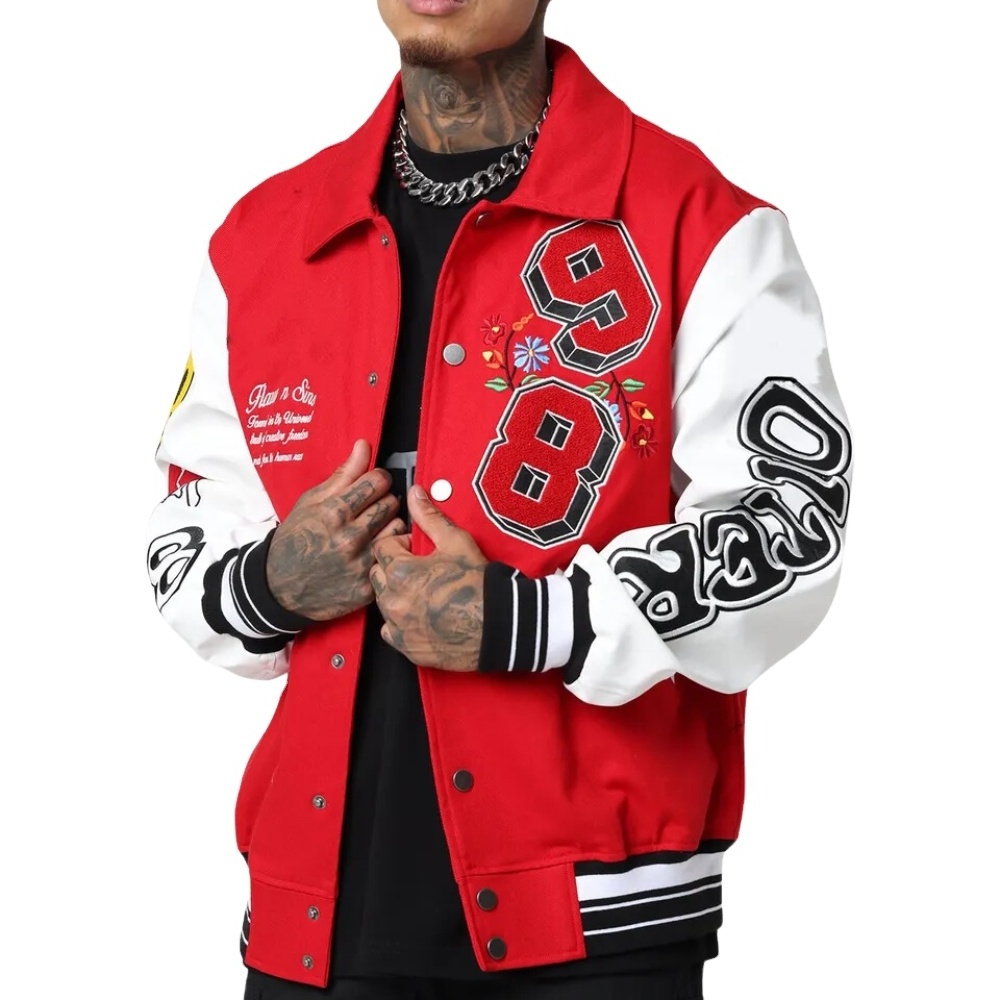 Premium Hot Selling Wool Leather Sleeve Red White Button Up Men Chenille Patches Varsity Jacket