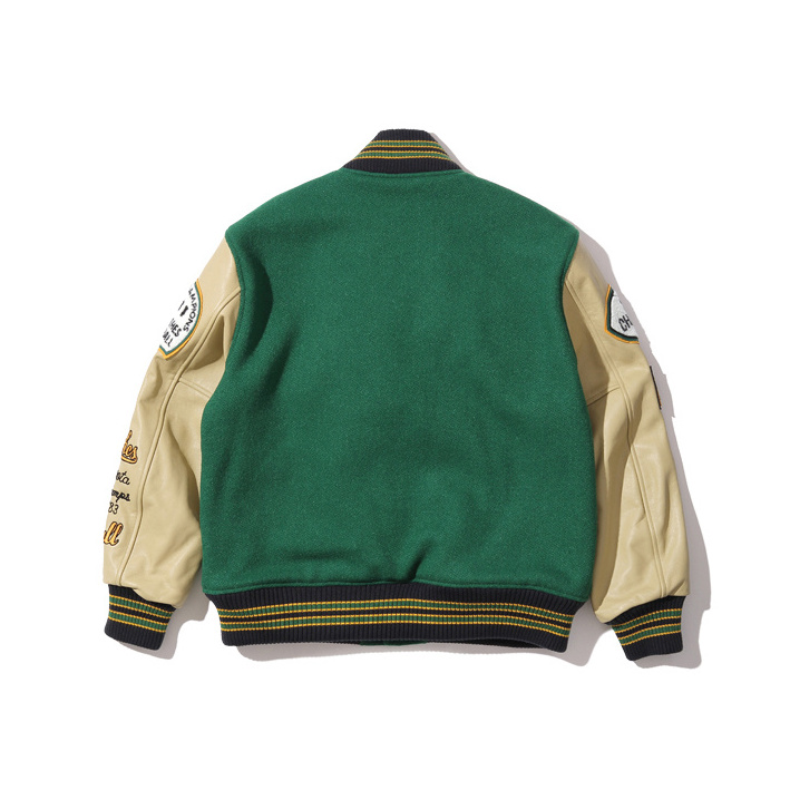 OEM Embroidery Patches Custom Men Letterman jacket Leather Sleeves green and Vegas gold letterman varsity Jacket