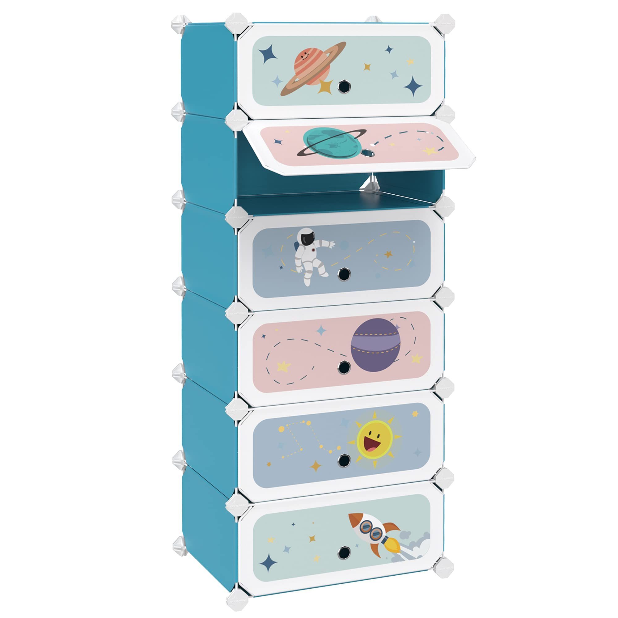 2022 New Design Blue 6-Tier 12 Pairs Plastic  Cube Kids Shoe Rack with Starry Sky Doors