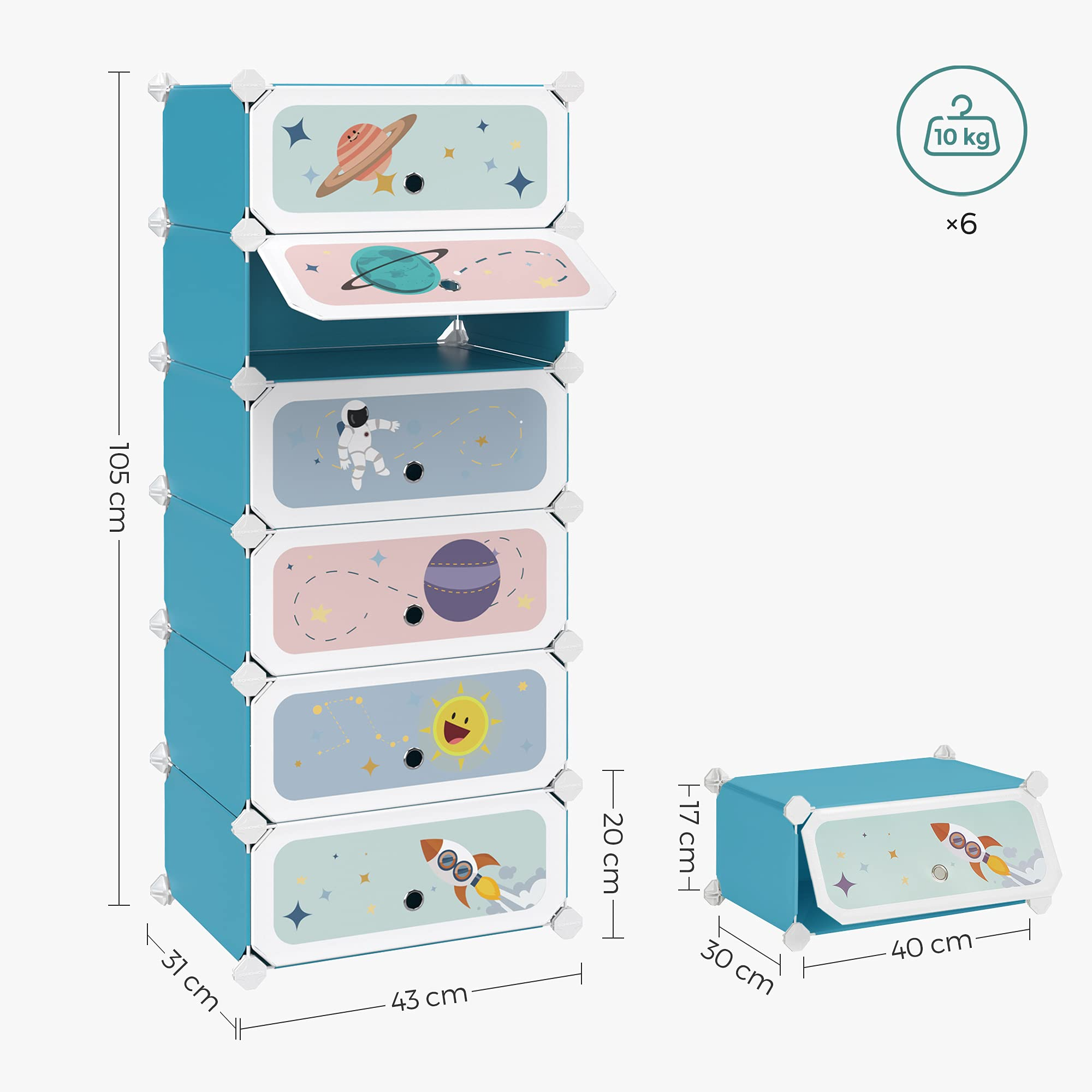 2022 New Design Blue 6-Tier 12 Pairs Plastic  Cube Kids Shoe Rack with Starry Sky Doors