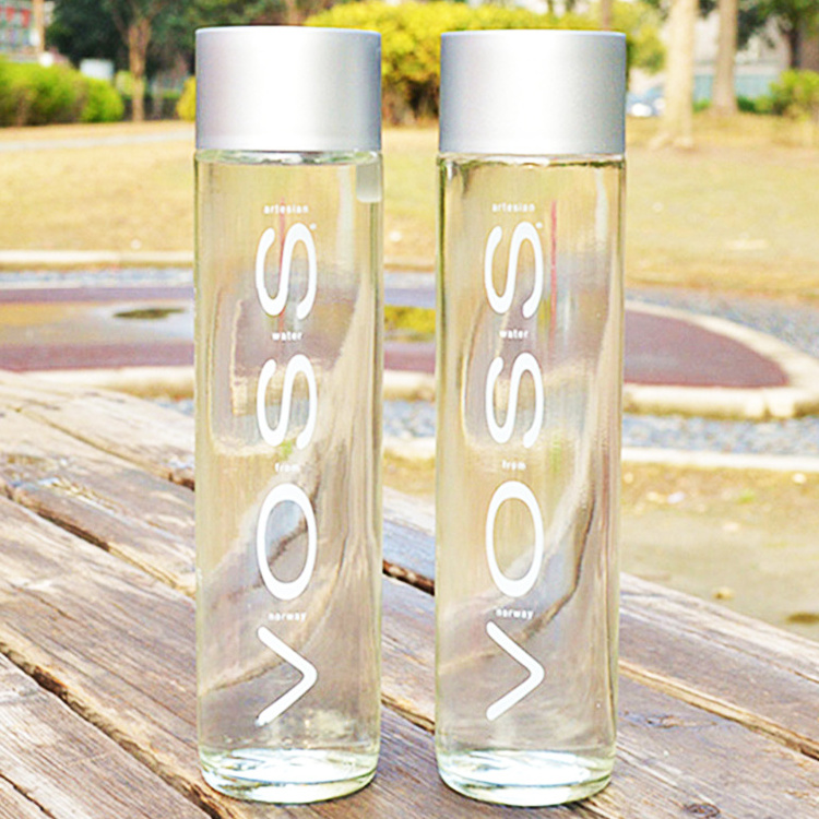 8oz 12oz 16oz Wide Mouth Slim VOSS Cylinder Sport Glass Drinking Water Bottle With Plastic Lids