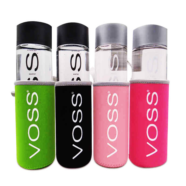 8oz 12oz 16oz Wide Mouth Slim VOSS Cylinder Sport Glass Drinking Water Bottle With Plastic Lids