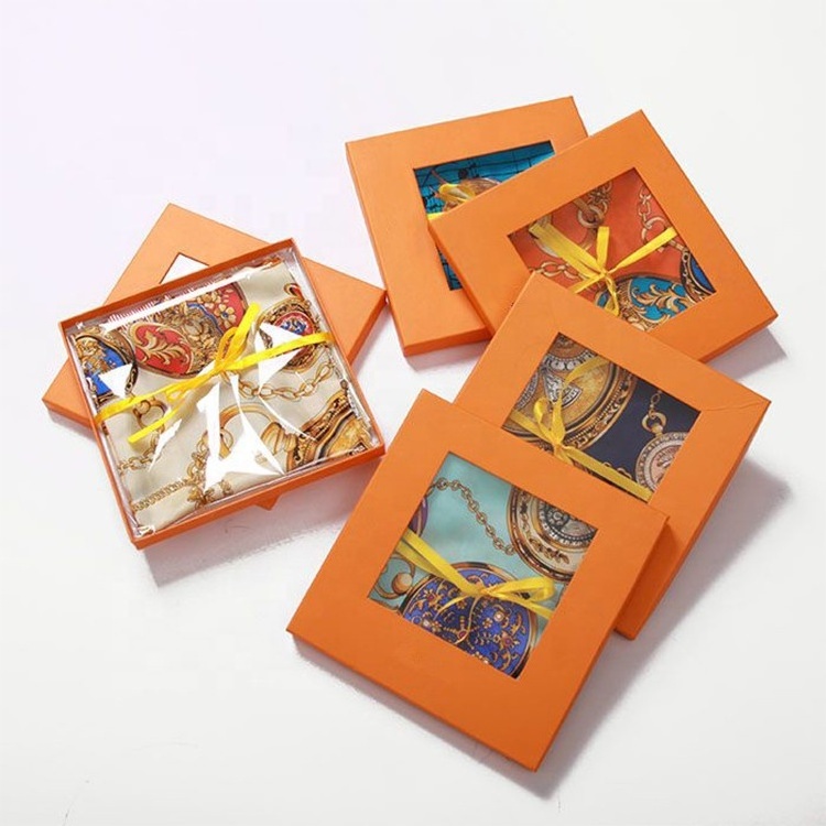 Custom orange color lady paper box silk scarf packaging