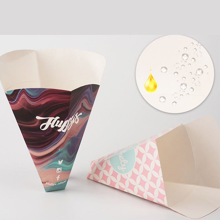 Wholesale Custom Logo Fast Food Packaging French Fries  Waffle Package Disposable Triangle Crepe Cone Holder Paper Box