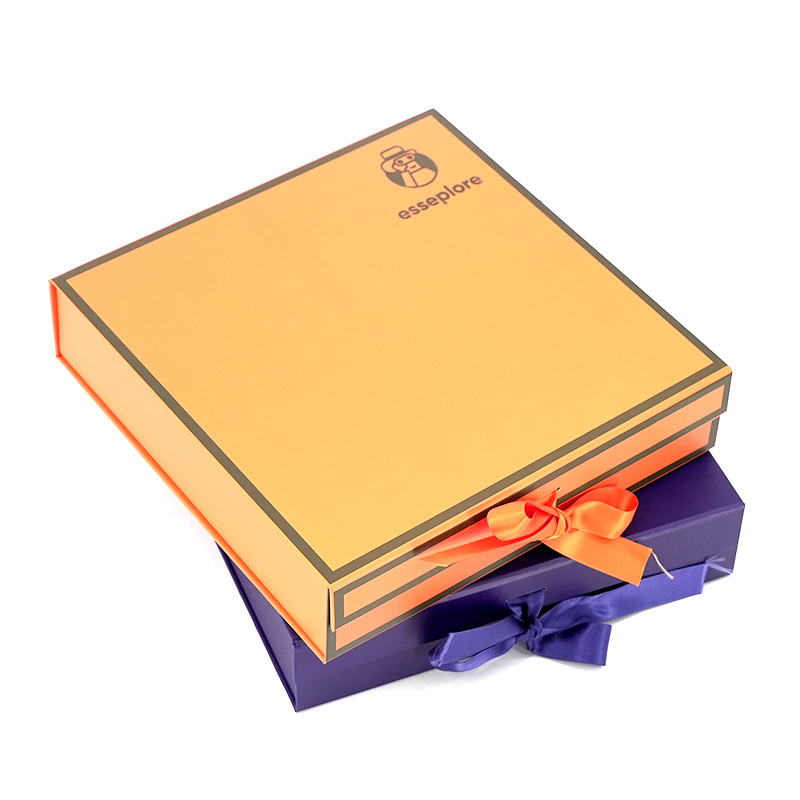 Customize color blue & orange cardboard paper packaging box with silk ribbon garment custom gift box packaging