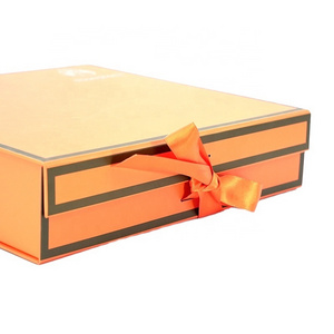 Customize color blue & orange cardboard paper packaging box with silk ribbon garment custom gift box packaging