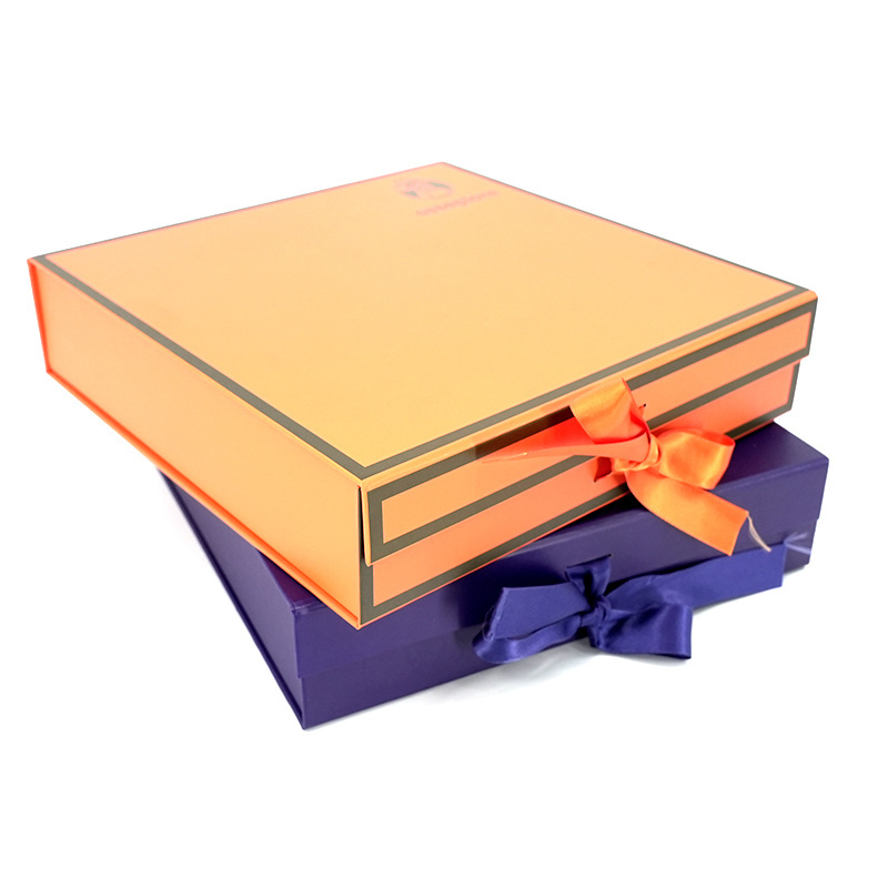 Customize color blue & orange cardboard paper packaging box with silk ribbon garment custom gift box packaging