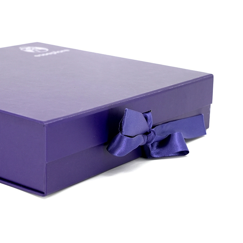 Customize color blue & orange cardboard paper packaging box with silk ribbon garment custom gift box packaging