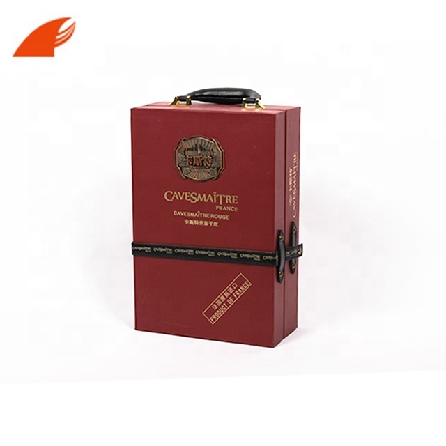 Custom Luxury  New Design Two Bottles MDF Wine Box With Leather Buckle And Handle/Metal Logo For Red Wine Packaging Wholesale