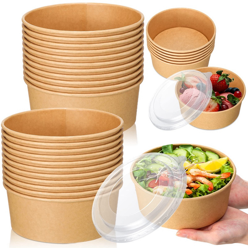 Custom Logo Kraft Paper Bowl Disposable Round Salad Bowl Custom Print Salad Kraft Paper Bowl 750ml With Pet Lid For Food Noodle