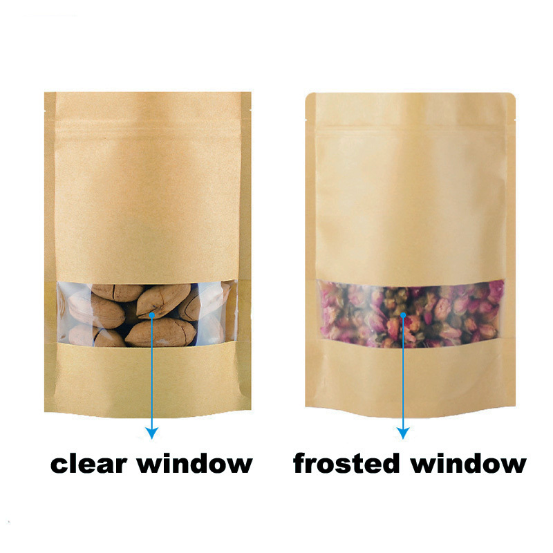 In Stock 9*14cm Waterproof Zipper Sealed Resealable Zip Lock Food Grade Ziplock Stand Up Pouch Brown Kraft Paper Bag With Window