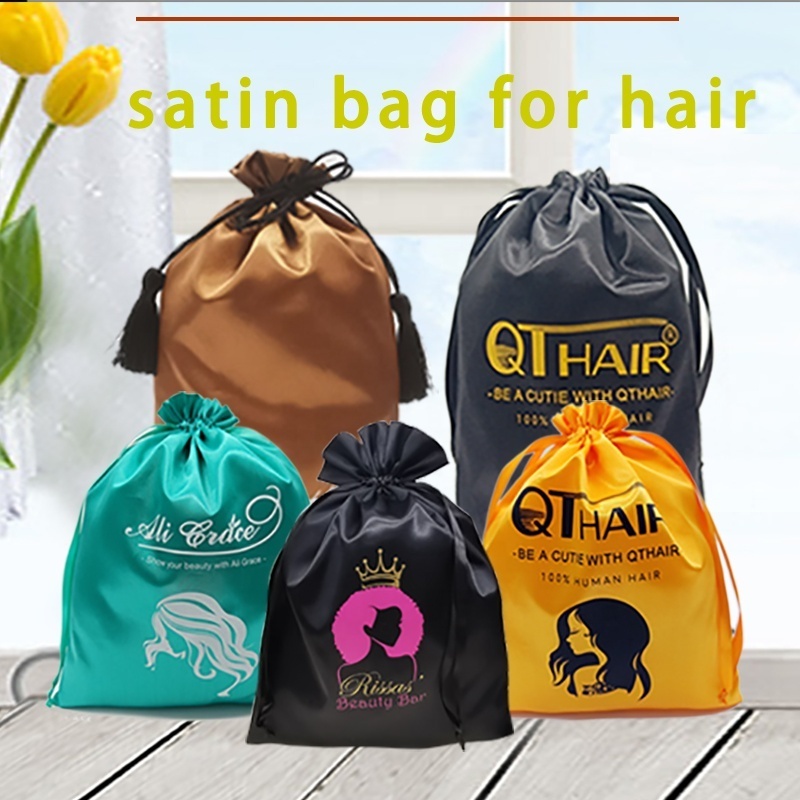 Custom luxury  silk wigs packing dust bags quality drawstring gift bag for cosmetic jewellery lingerie handbags hair satin pouch