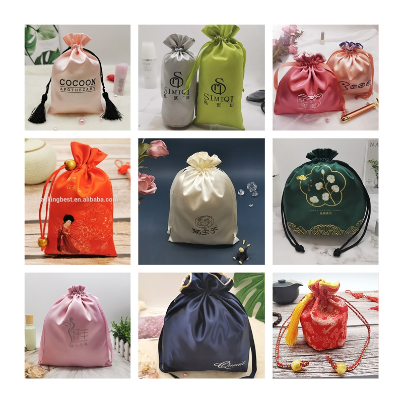 Custom luxury  silk wigs packing dust bags quality drawstring gift bag for cosmetic jewellery lingerie handbags hair satin pouch