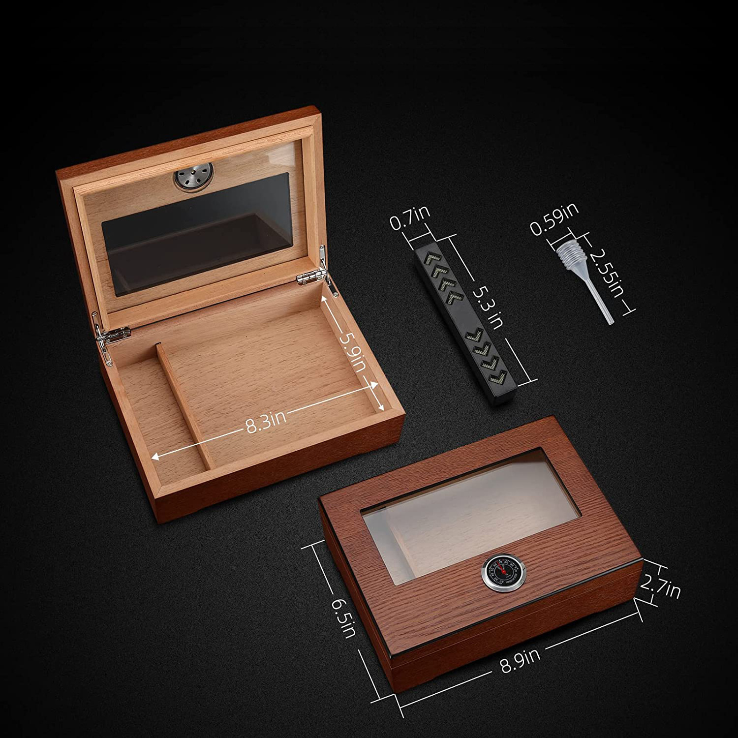 Wholesale Glass Top Cedar Wood Acrylic Humidor With Humidifier And Divider With Hygrometer