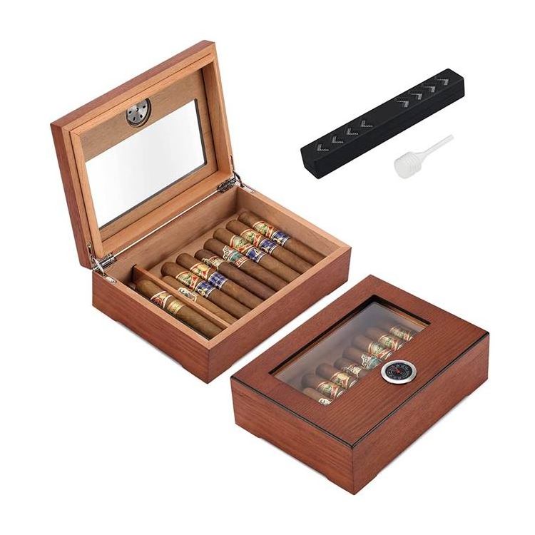 Wholesale Glass Top Cedar Wood Acrylic Humidor With Humidifier And Divider With Hygrometer