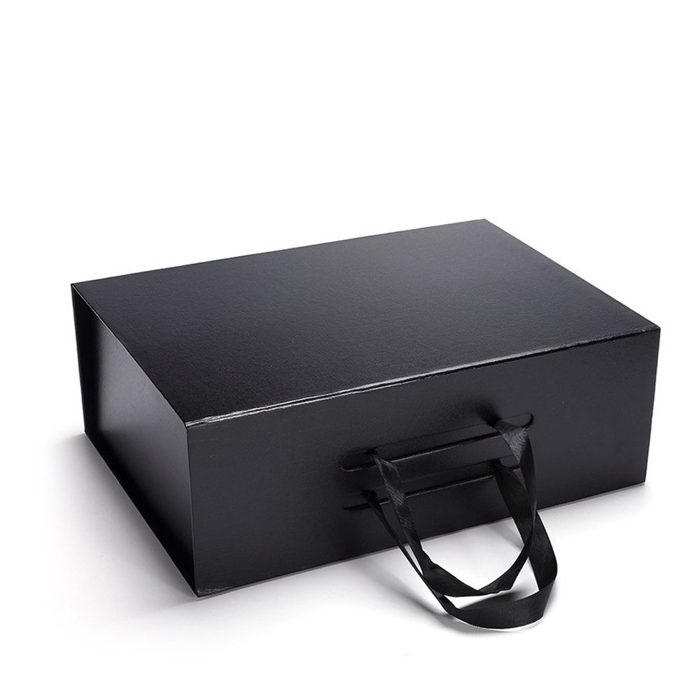 Custom Branding Matte Black Magnetic Closure Paper Gift Box For Garments Ribbon Handle Rectangular Folding Clothing Packaging