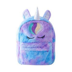 Plush Furry Fading Colorful Kids Unicorn Girl School Bag Winter Terry Furry School Backpack