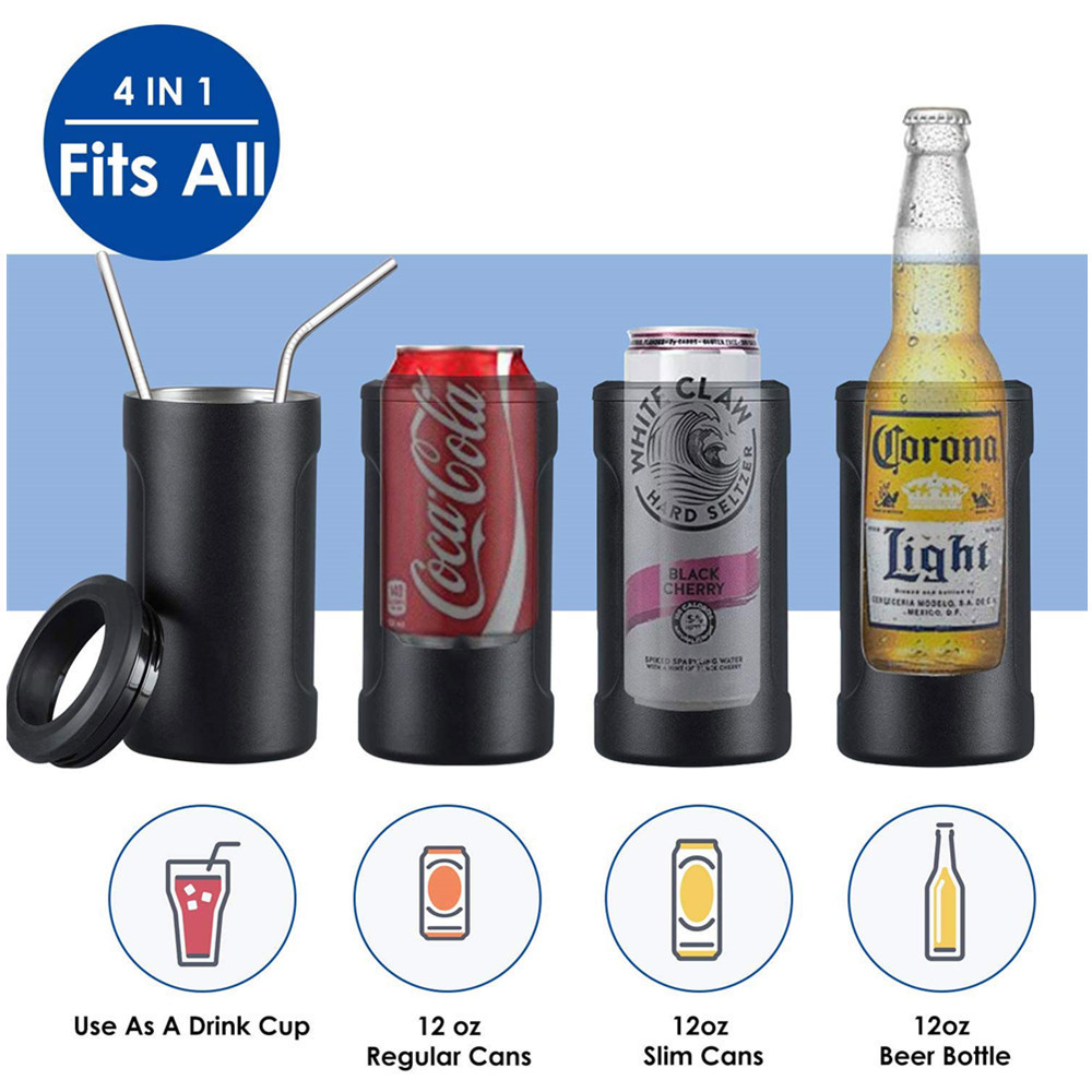 Universal Vacuum Insulated Stainless Steel 4 in 1 Can Cooler  Fits all 12oz Regular Or Slim Cans Bottles Keep Cold Up To 6 Hours