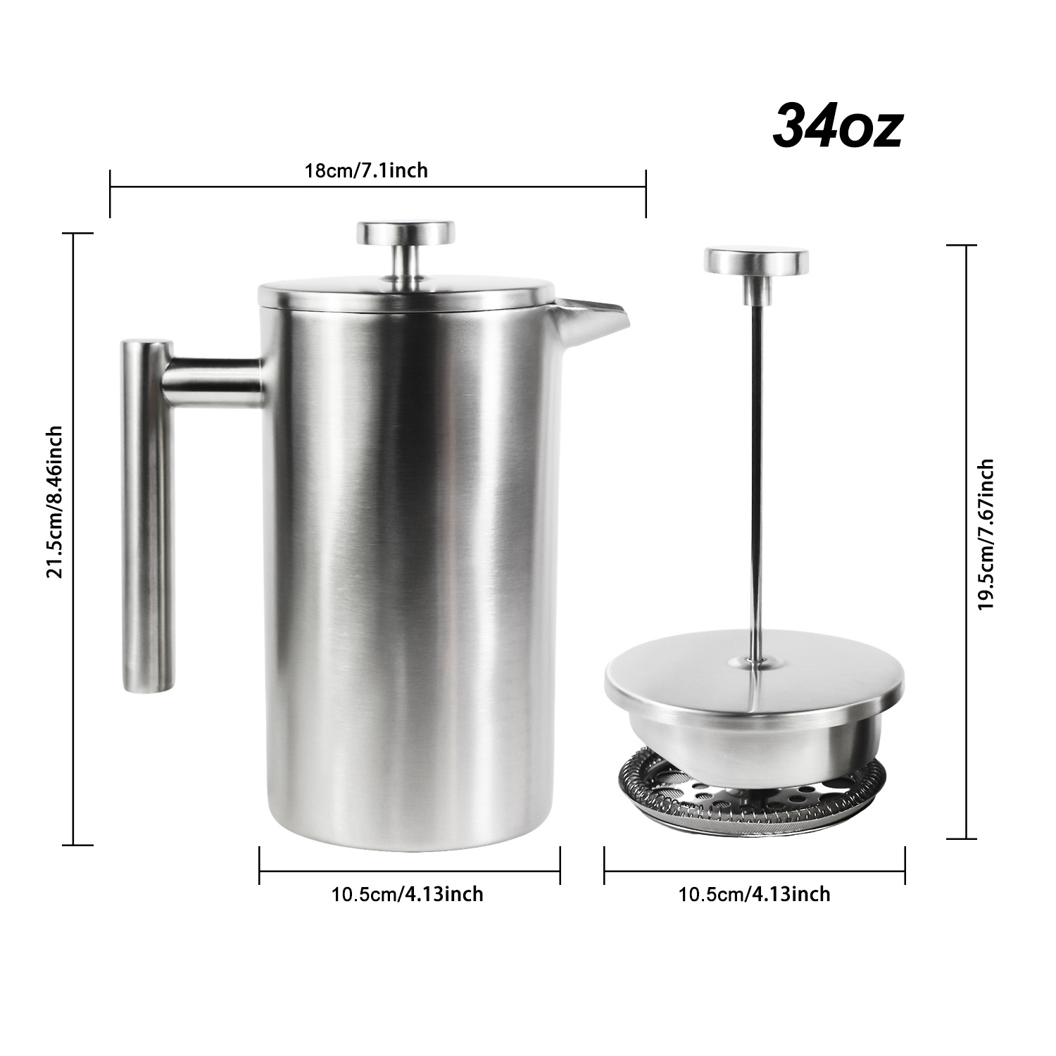 Portable Coffee Plunger Pot 34oz French Press Coffee Maker 1000ml Stainless Steel Double Cafetiere 8 Cup Espresso Coffee Press