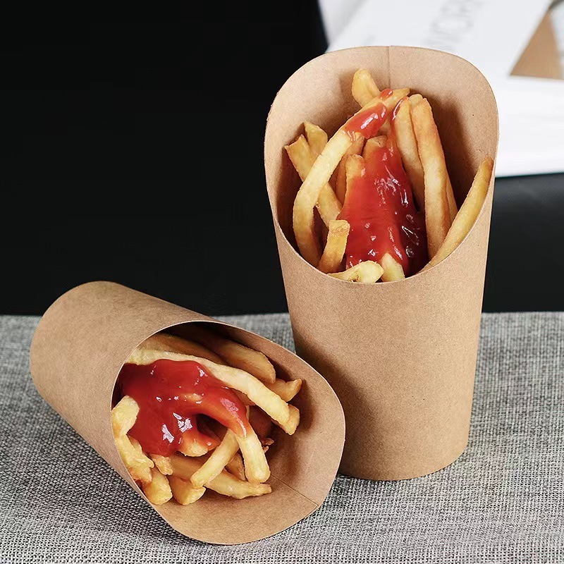 Food Grade Environmentally Friendly Kraft Paper 12/16/18oz Slanted Cup Custom Paper Bag Cones Holder for French Fries