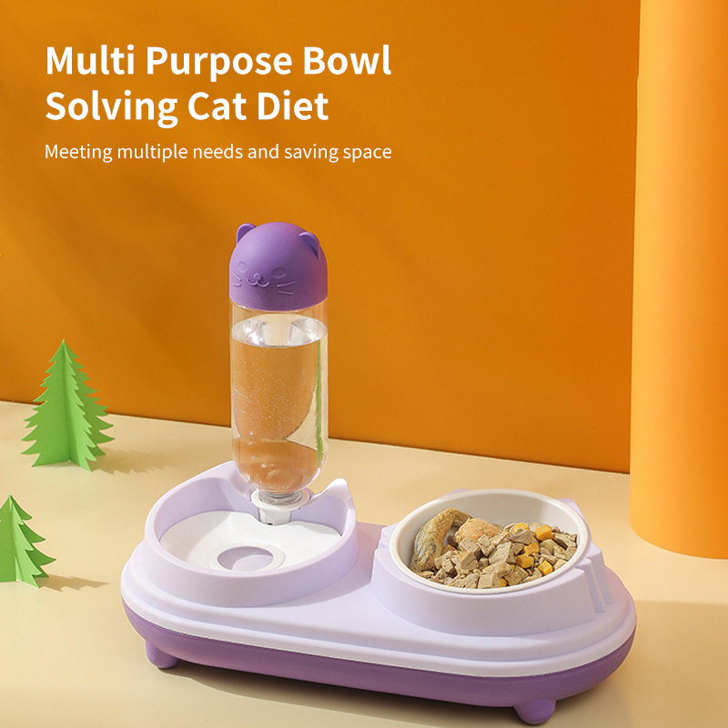 Cat Food Bowl Pet Automatic Feeder Water Dispenser Dog Cat Food Container Drinking Raised Stand Dish Bowls, Cups & Pails Natural