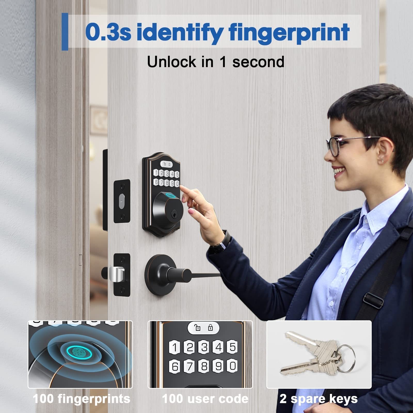 BBDHOME Smart Front Door Set-with 2 Lever Handles-Electronic Keypad Code Deadbolt Fingerprint Door Lock