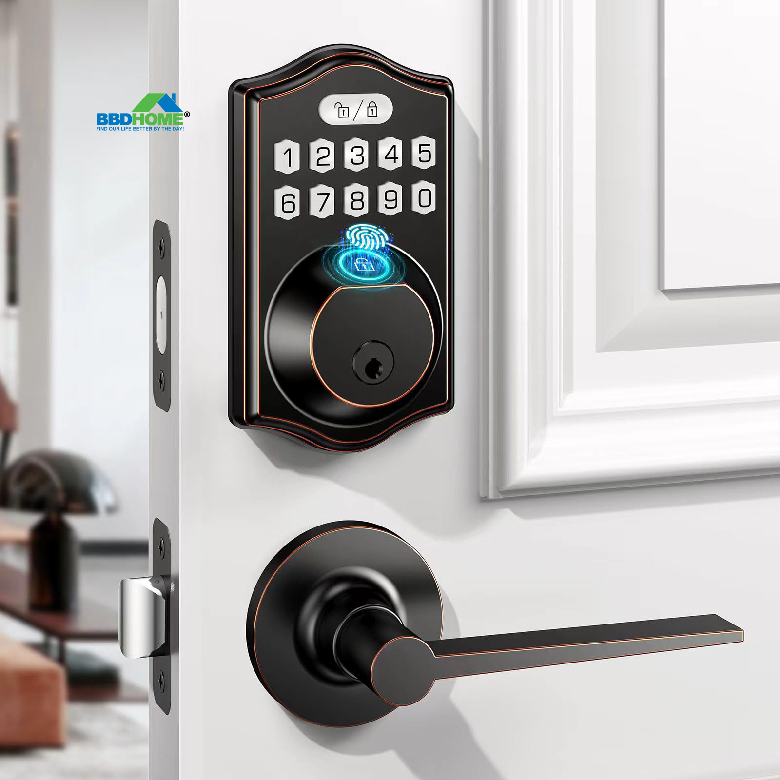 BBDHOME Smart Front Door Set-with 2 Lever Handles-Electronic Keypad Code Deadbolt Fingerprint Door Lock