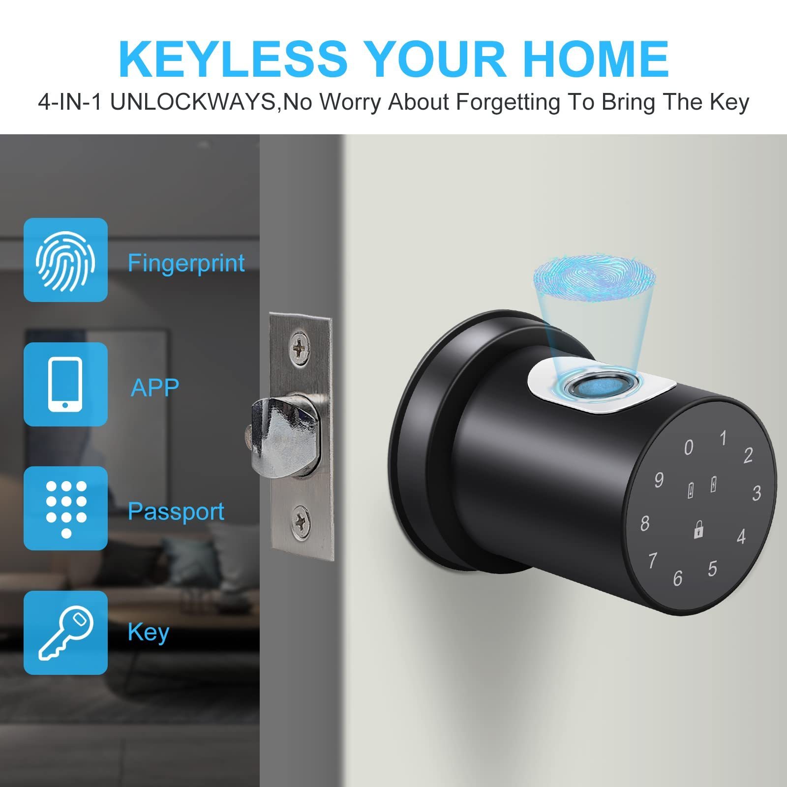 BBDHOME 70mm Single Latch Wooden Door APP Fingerprint Password Keyless Electronic Round Smart Knob Lock