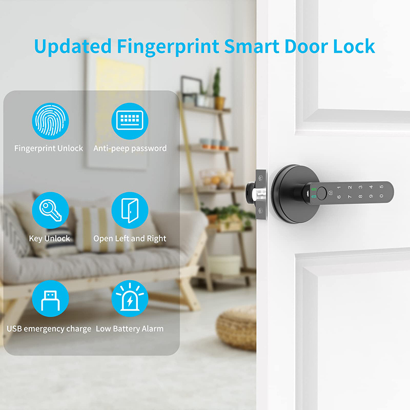 BBDHOME Biometric Passcode Keypad Keyless Entry Bedroom Home Hotel Black Fingerprint Smart Lock Door Handle