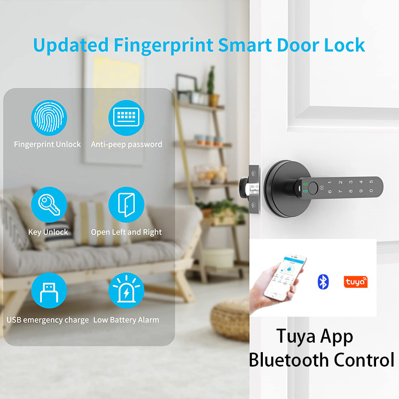 BBDHOME Passcode Keypad Keyless Entry Hotel Black Tuya App Control Fingerprint Smart Lock Door Handle