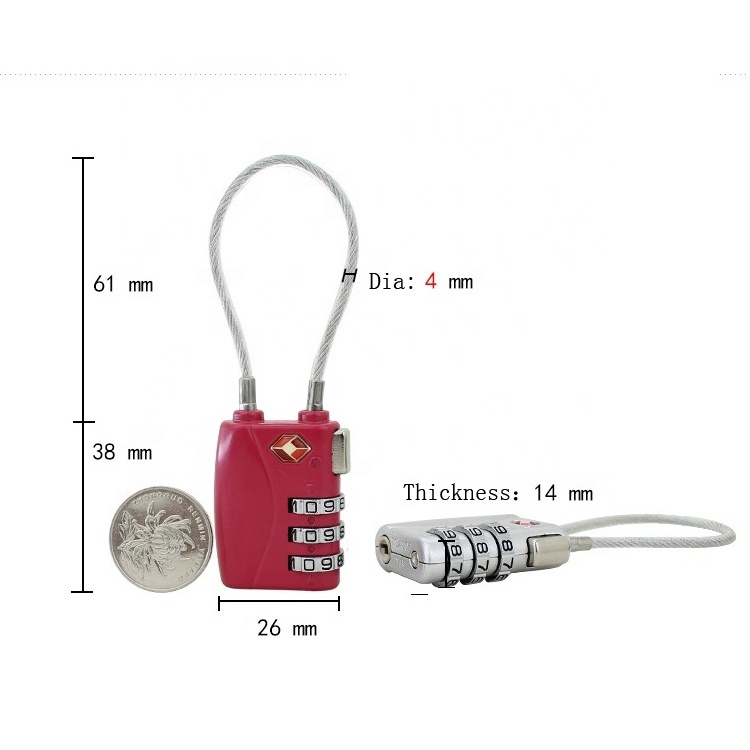 TSA719 High quality cable 3 digital combination padlock TSA Approved Traveling Padlock