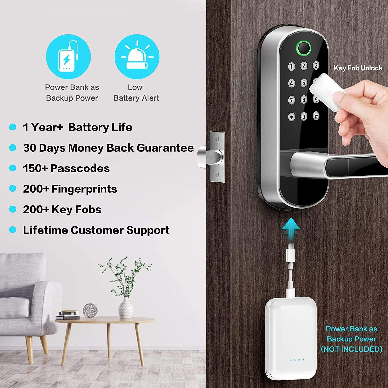 BBDHOME Waterproof Fingerprint Electronic Deadbolt Door Lock with Keypad Entry App Monitoring Auto Lock for Homes and Hotel