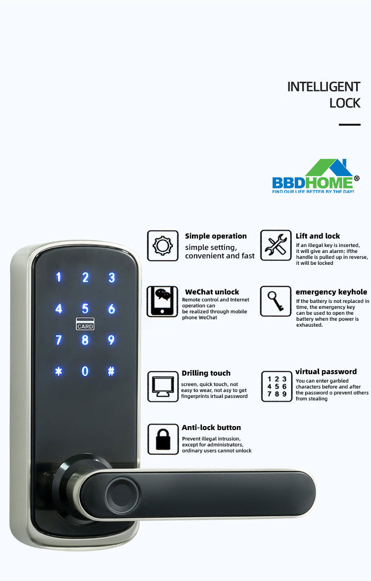 BBDHOME WI-FI Fingerprint Keyless Entry Front Door Anti-Peeping Electronic Digital Keypad Door Lock With Handle