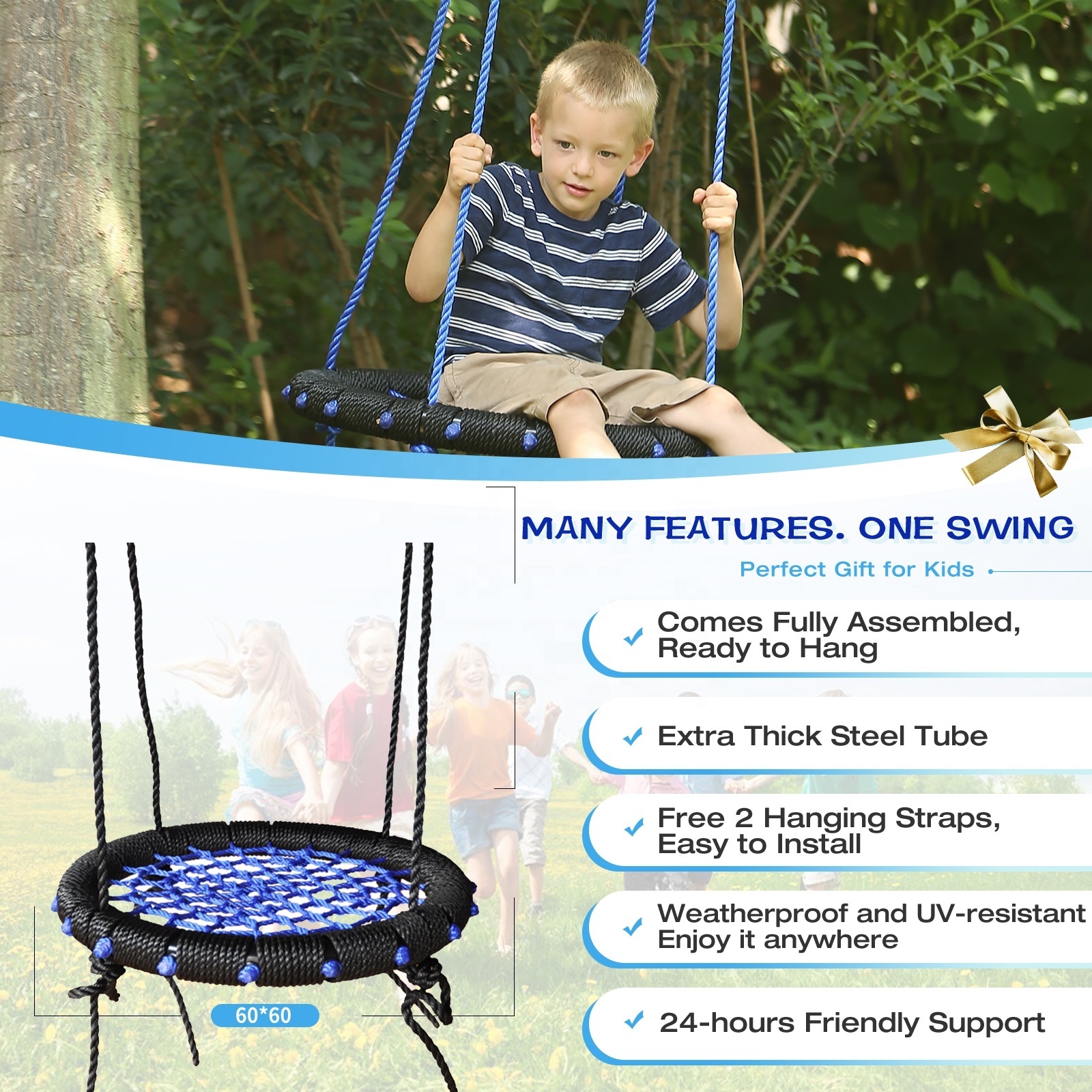 Good Quality Single Kid 60cm Portable Outdoor Baby Mesh Nest Round Swing Outdoor Spider Web Swing