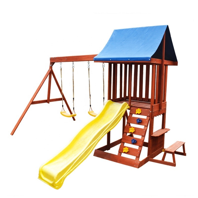 Hillside Play Centre-kids outdoor playground equipment Wooden Slide House Swing Set for children