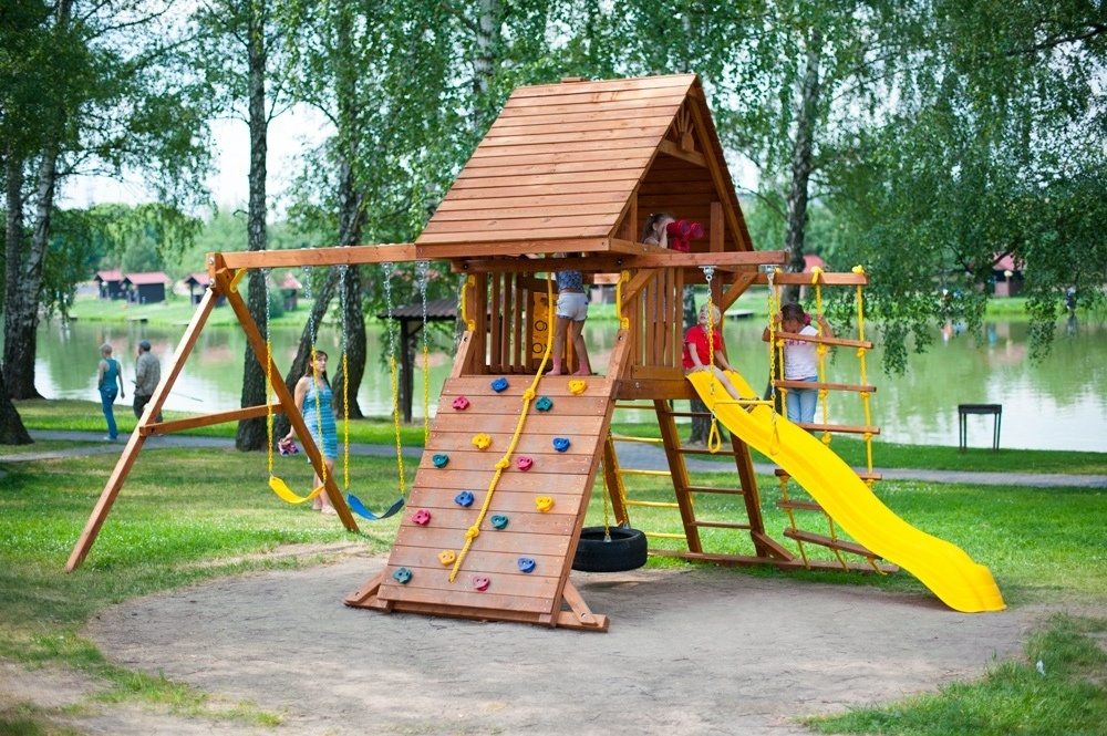 Simple Style Wooden Children Swing Slide Sets Custom Kids Commercial Playground Outdoor Equipment