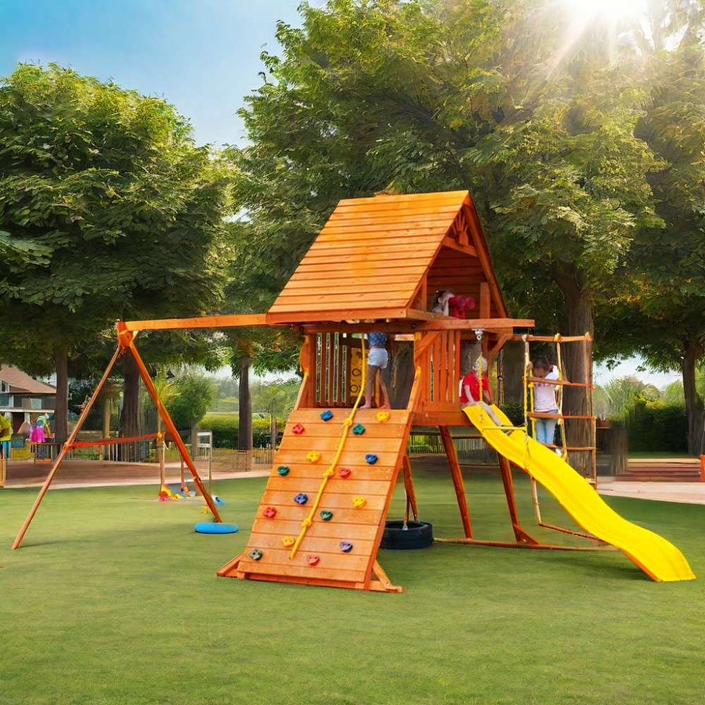 Simple Style Wooden Children Swing Slide Sets Custom Kids Commercial Playground Outdoor Equipment