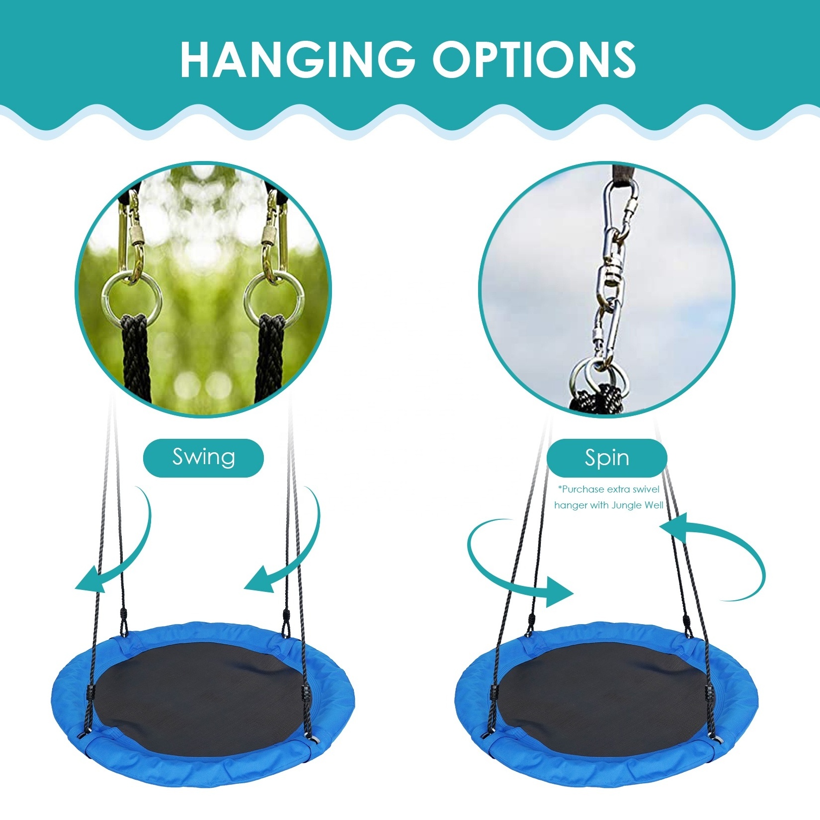 Adjustable Blue Hanging Rope Outdoor Saucer Swing for Kids Garden Playground School Yard Playhouse Accessory