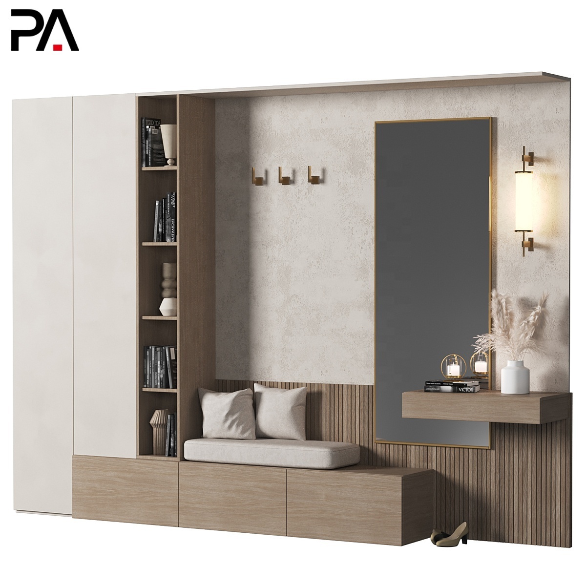 PA modern wooden luxury hallway mirror furniture storage smart shoe rack cabinet