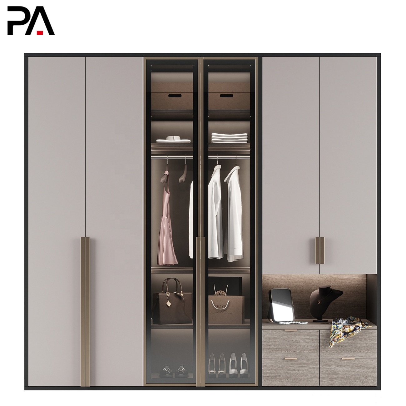 PA modern closet metal aluminum frame glass door luxury turkish bedroom portable solid wood wardrobes