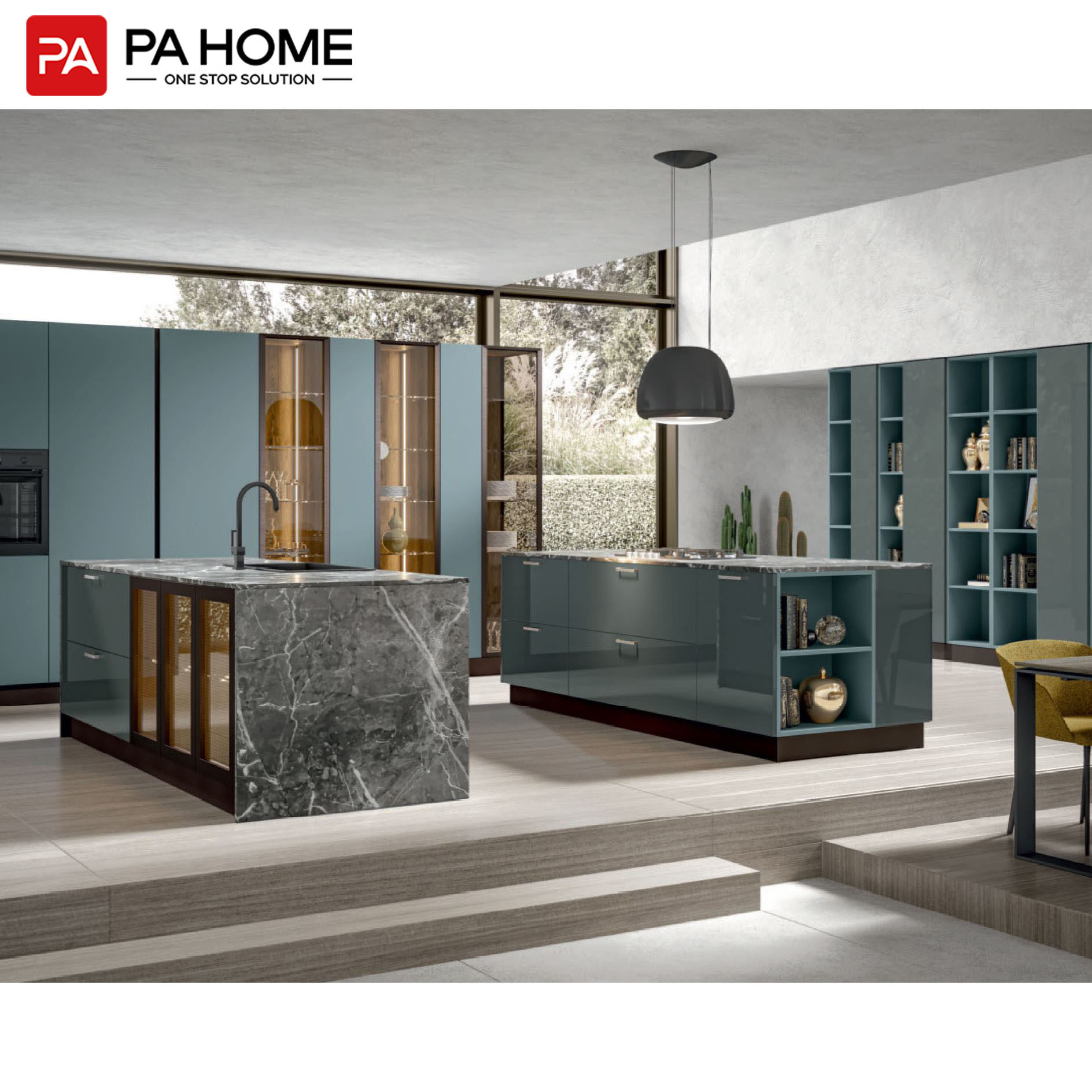 PA Home furniture custom yellow and blue lacquer kitchen cabinets with accessories