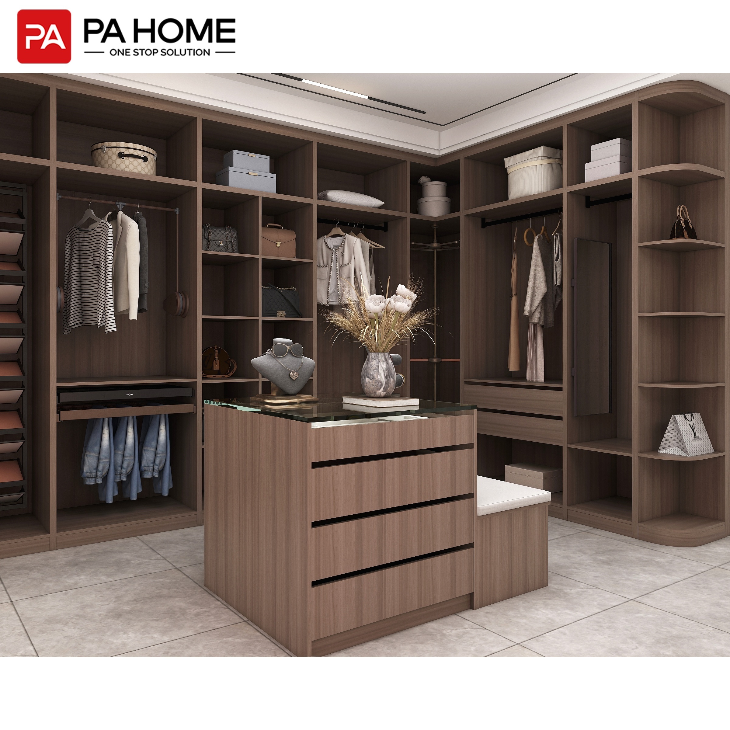 PA modern bedroom furniture wooden armoire custom design walk in closet wardrobe