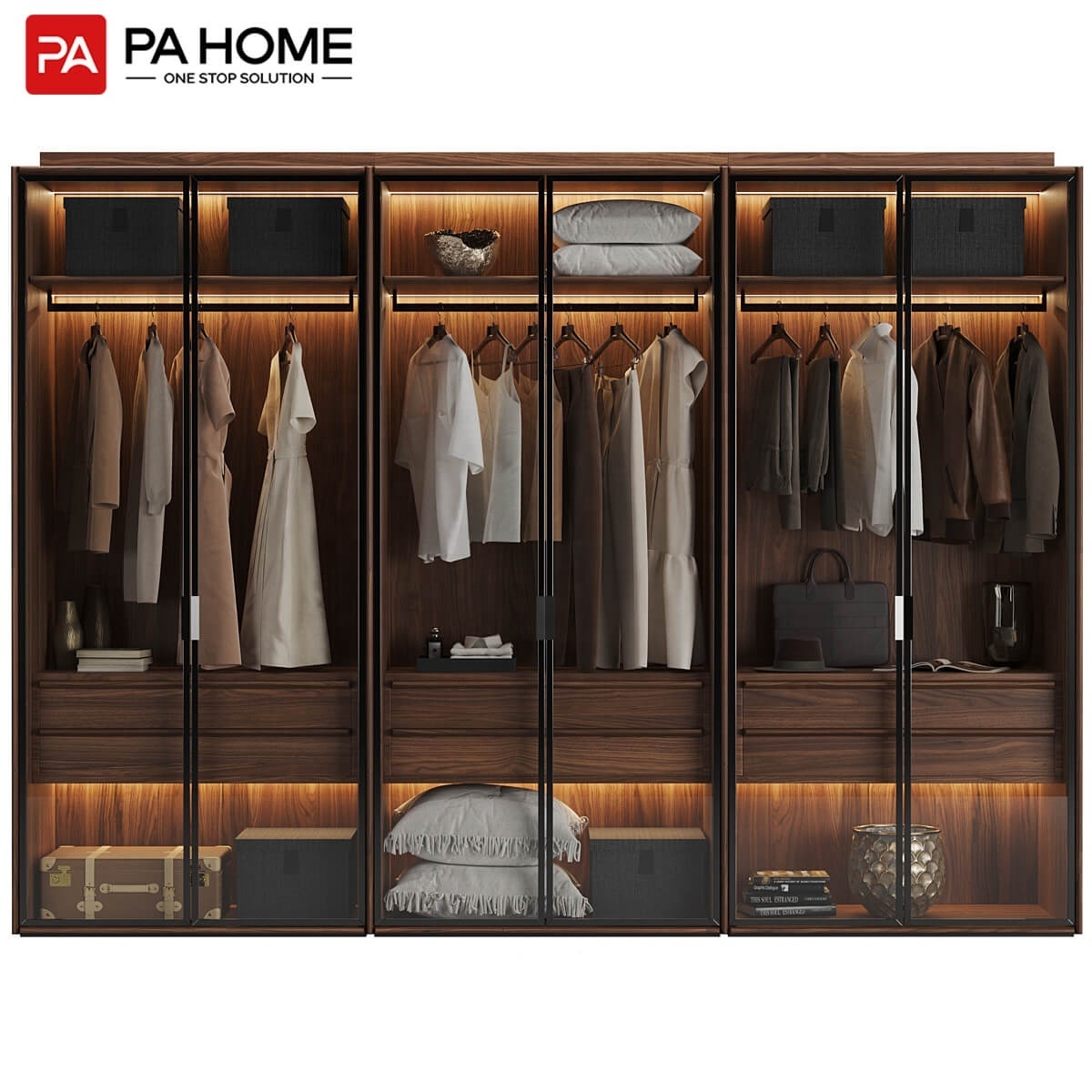 PA Home bedroom led light storage organization systems glass wardrobe closet