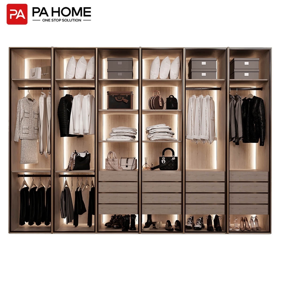 PA Home bedroom led light storage organization systems glass wardrobe closet