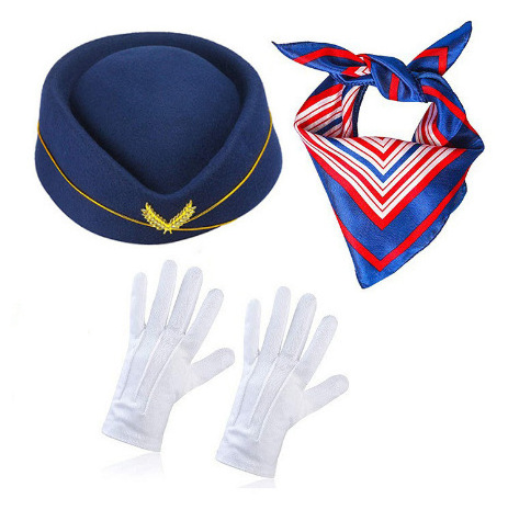 Cosplay Party Felt Airline Stewardess Costume Accessories Beret Hat Cap Gloves and Scarf 3pc Set for Women