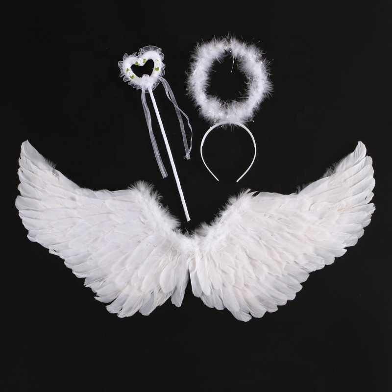 Halloween Cosplay Costume Black White Feather Angel Wings Headband and Hand Prop 3PC Set