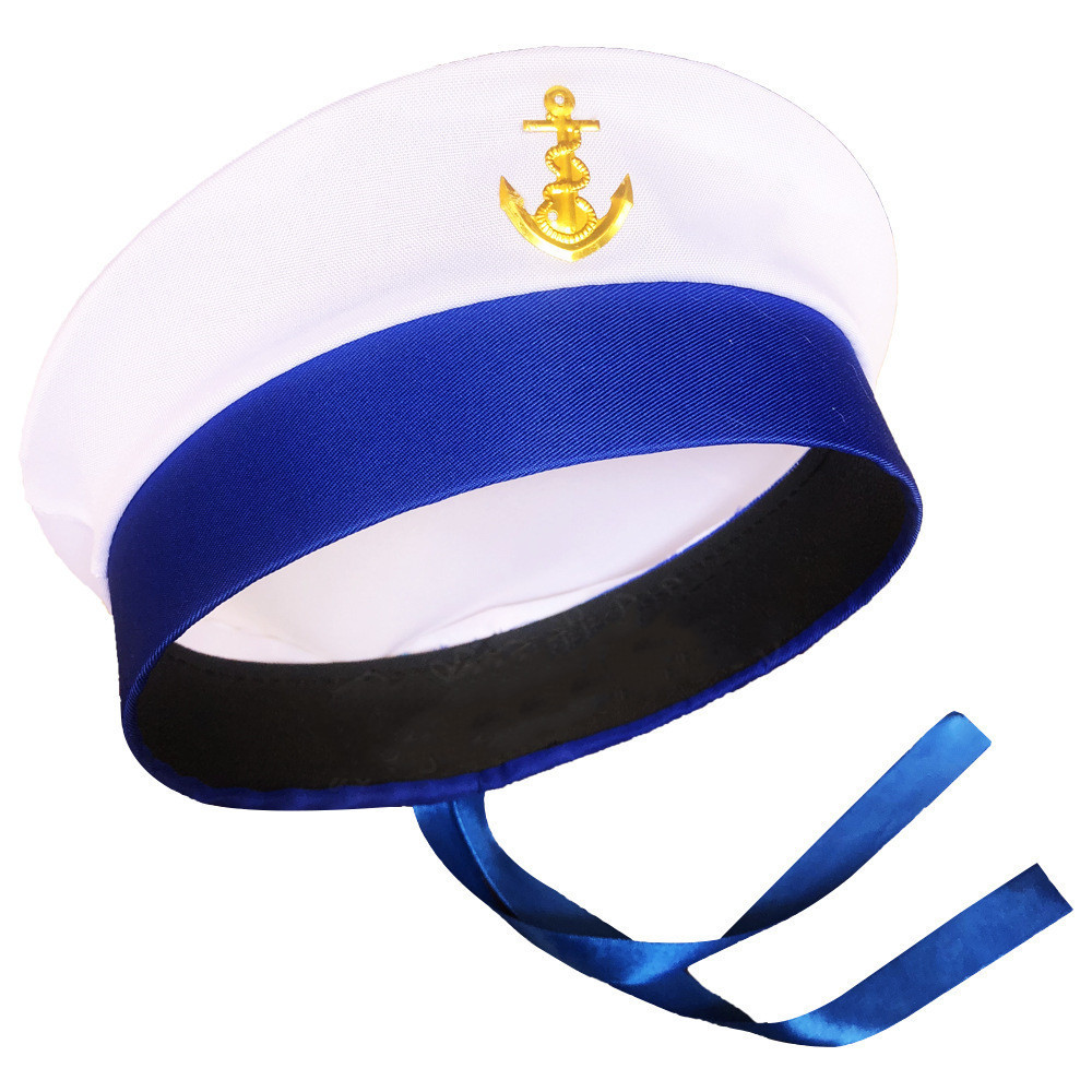 wholesale adult white blue captain cap sailor hat with ribbon