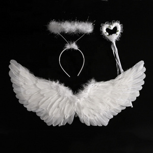 Halloween Cosplay Costume Black White Feather Angel Wings Headband and Hand Prop 3PC Set