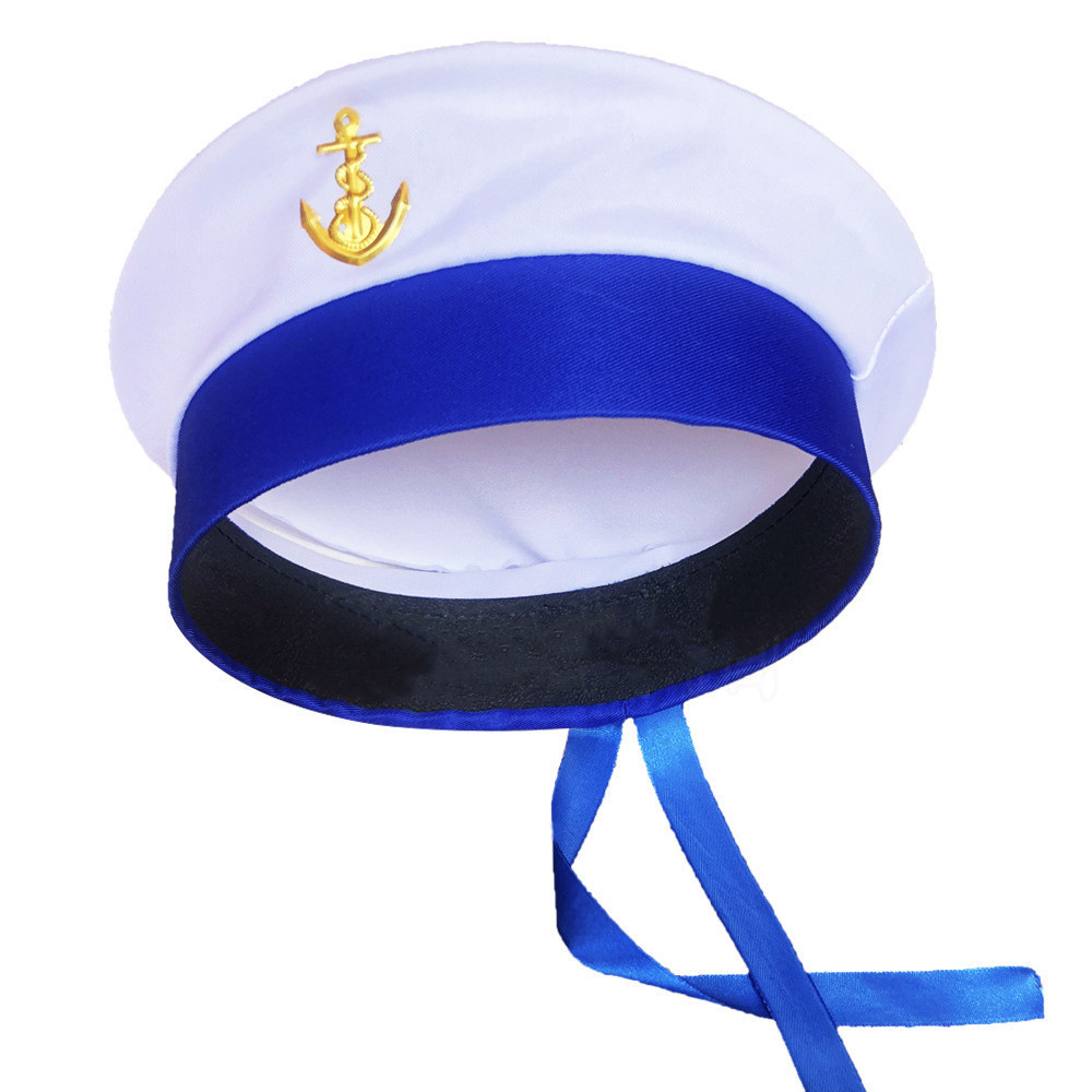 wholesale adult white blue captain cap sailor hat with ribbon