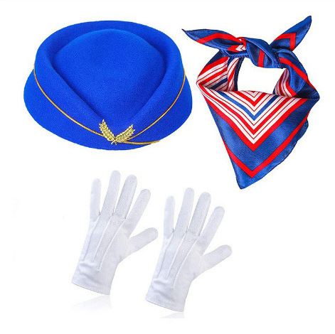 Cosplay Party Felt Airline Stewardess Costume Accessories Beret Hat Cap Gloves and Scarf 3pc Set for Women